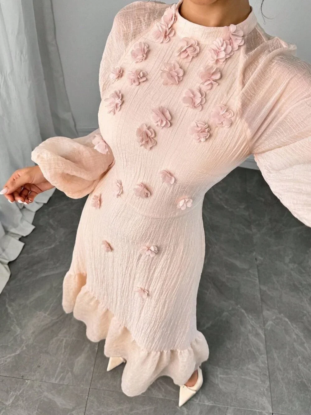 Pink Elegant Women's 3d Floral Decor Lantern Sleeve Dress - Picture 1 of 6